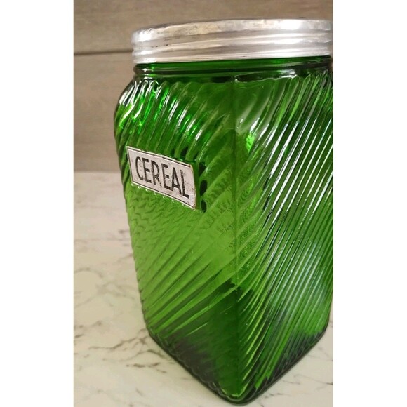 Vintage Owens Illinois Green Ribbed Glass Cereal Canister Depression Glass - Picture 2 of 9